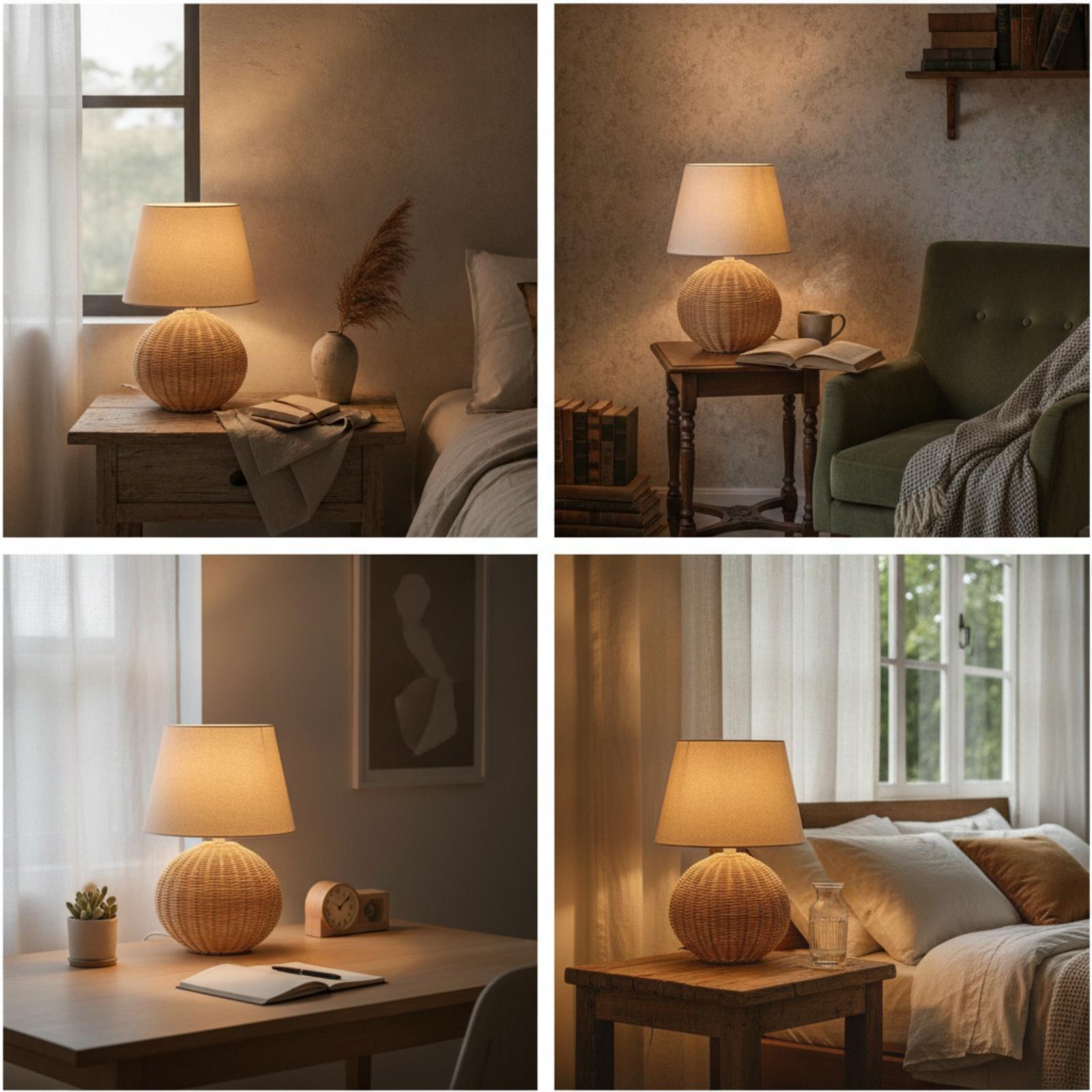 Bedside Lamp Rattan Base Fabri - Desk Lamp 评论和价格